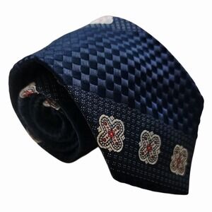 Vintage Wembley Wemlon Tie Navy Blue Geometric Cross Pattern Basket Weave